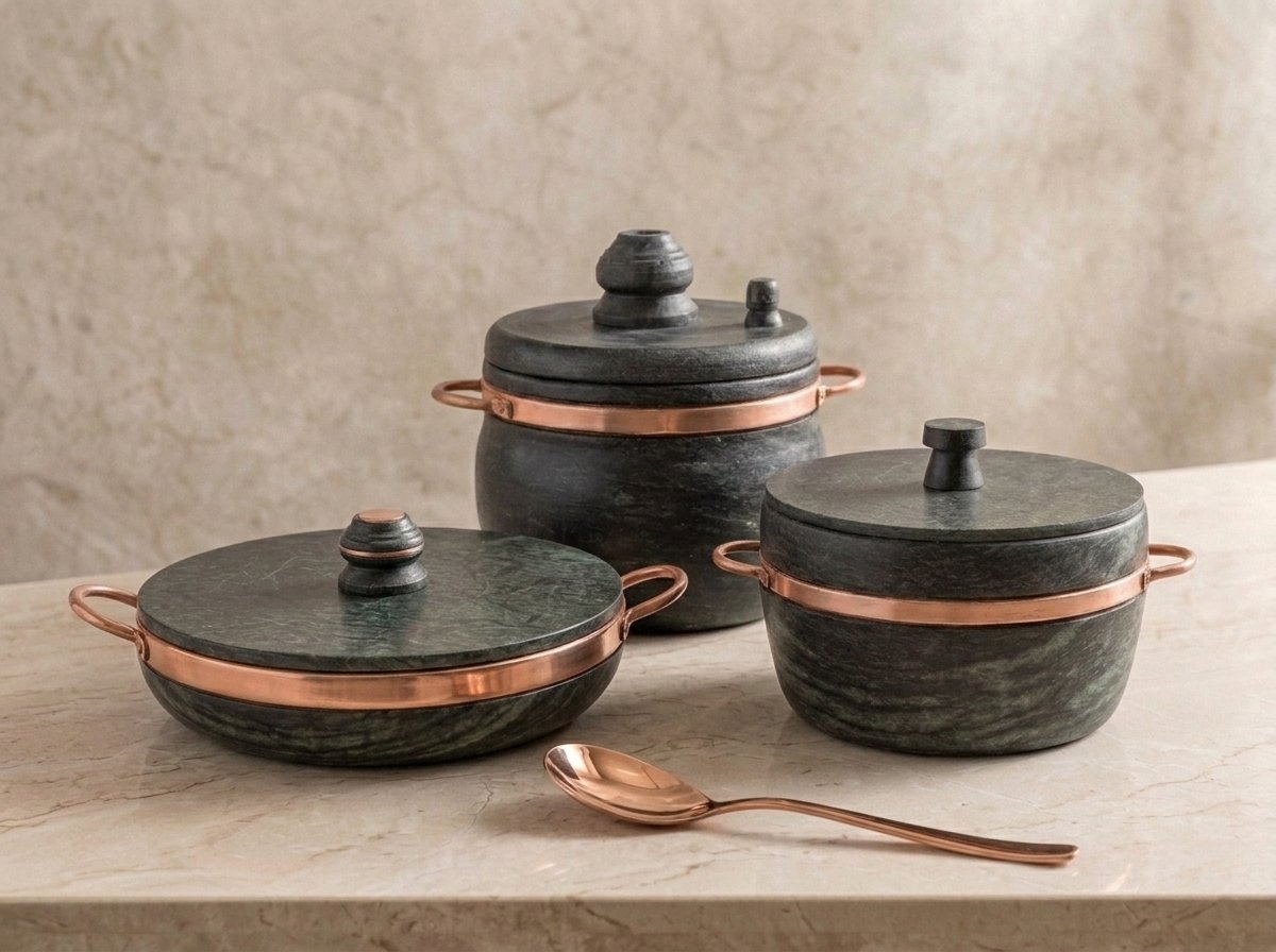 Kit 3 Panelas de pedra sab\u00e3o com al\u00e7as de cobre sobre bancada de m\u00e1rmore